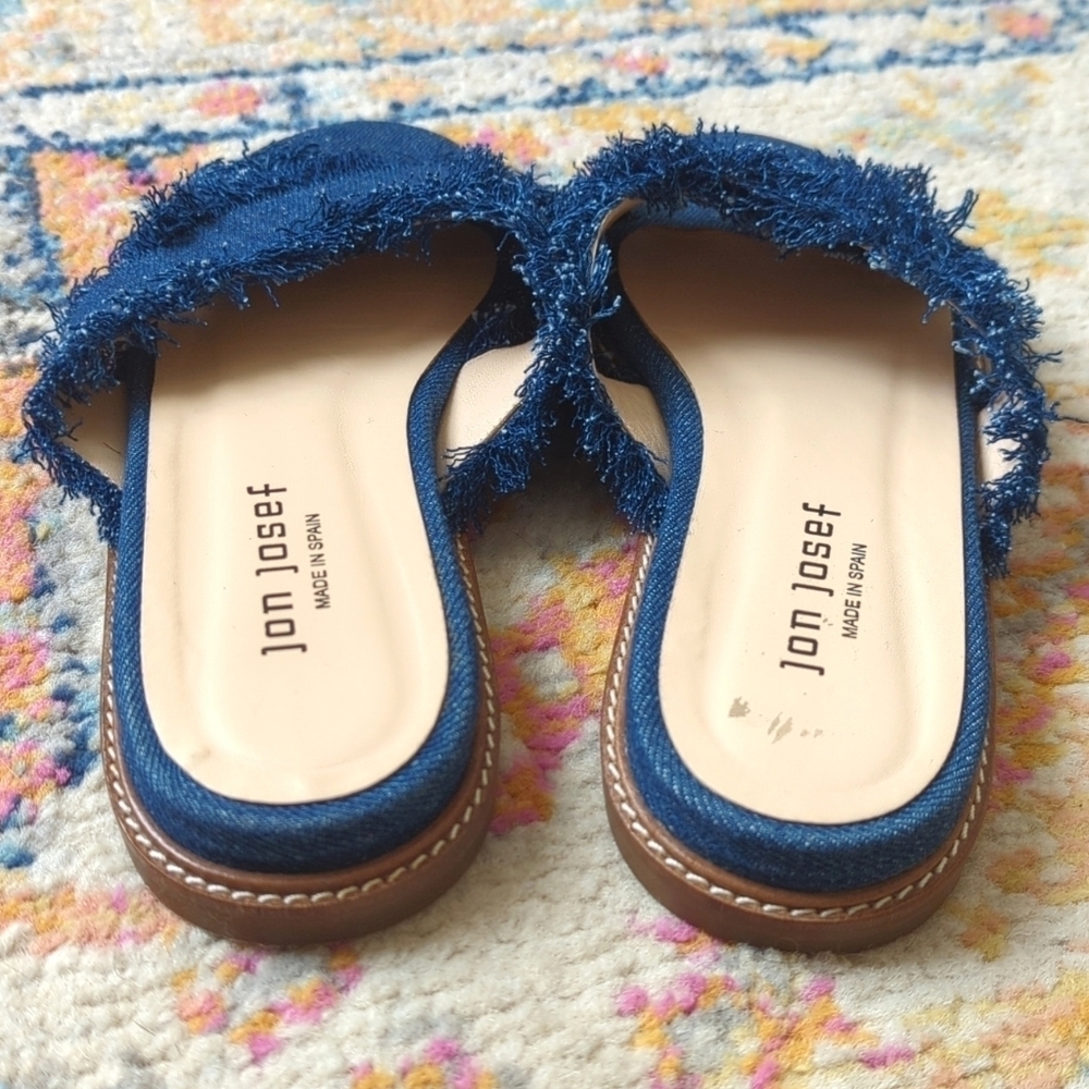Jon Josef Noble Dark Wash Denim Frayed Criss Cross Open Toe Slide Sandals 9 - Picture 5 of 15